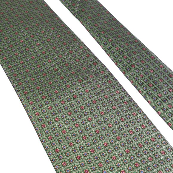 Daniel De Fasson Green Hand Made Silk Necktie Geometric Diamond Pattern Dad Gift - Picture 2 of 5